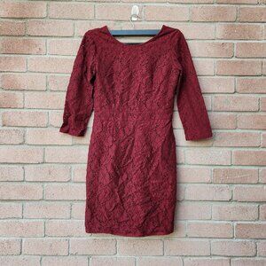 Merona Dress Size 4 Burgundy Lace Fully Lined 3/4 Sleeve